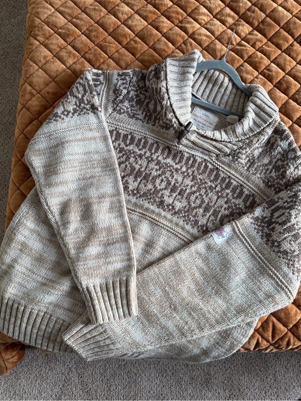Men's Shawl Collar Fair Isle Sweater in Beige and Brown